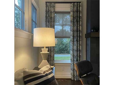 Dark blue and gray living room space